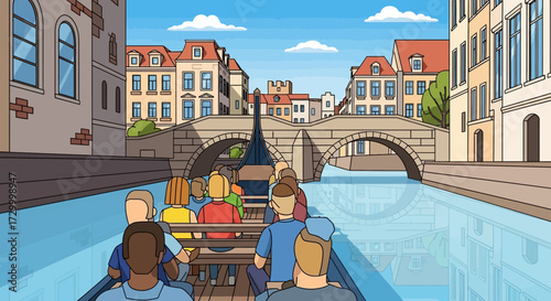 A gondola carrying tourists glides through a canal, passing under a bridge in a city.