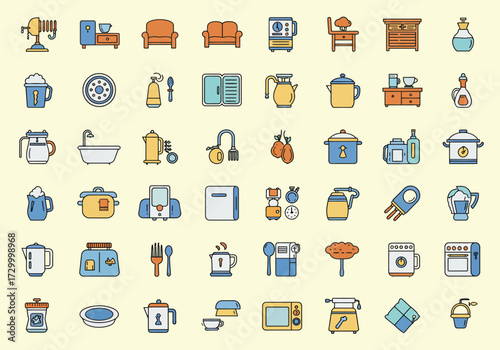 Vector art of a vibrant collection of home interior icons, showcasing essential elements like furniture, appliances, and decorative items, all rendered in a clean, modern style