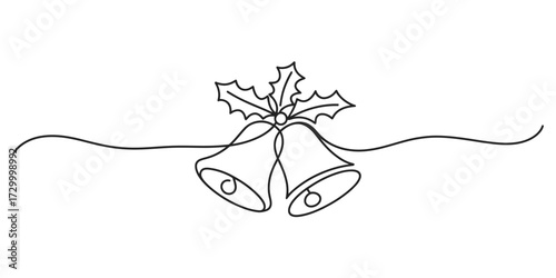 Continuous line drawing vector illustration of festive bells and holly leaves vector