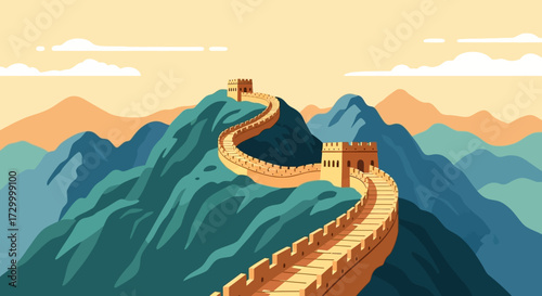 A stylized illustration of the Great Wall of China winding across a mountainous landscape under a soft sky.