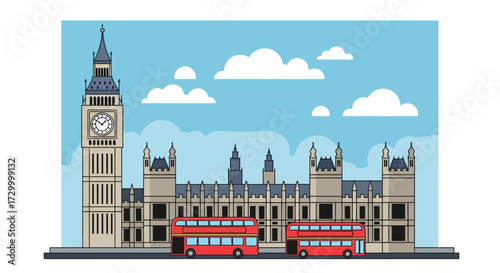 Illustration of the Palace of Westminster with Big Ben and two red double-decker buses against a cloudy blue sky.