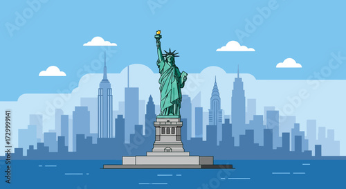 The Statue of Liberty stands tall overlooking the New York City skyline on a bright day.
