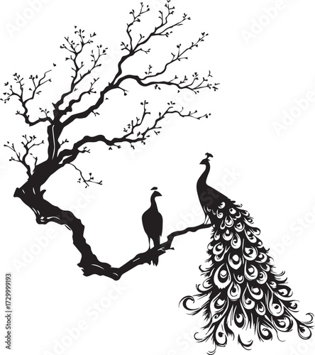 Peacocks on leafless tree branch with ornate tail designs in black-and-white silhouette illustration