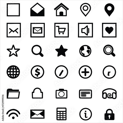 Various icons representing common digital functions square envelope