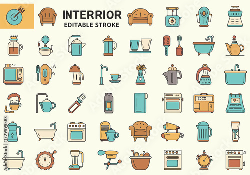Vector art of a vibrant collection of home interior icons, showcasing essential elements like furniture, appliances, and decorative items, all rendered in a clean, modern style