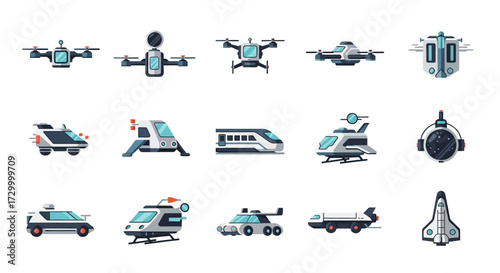 Collection of futuristic transportation icons showcasing advanced vehicle designs.