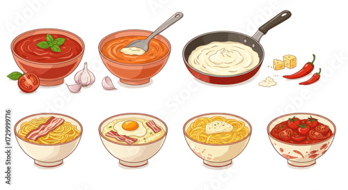 Assortment of Delicious Italian Pasta Dishes and Sauces, Featuring Tomato Sauce, Alfredo, Carbonara, and Marinara