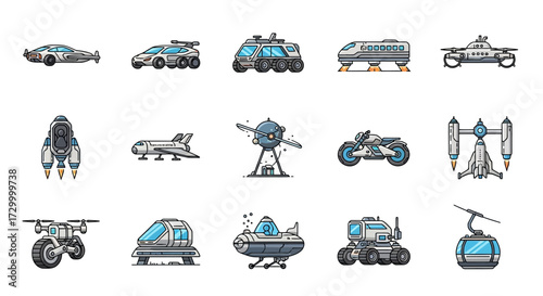 Collection of futuristic vehicles and transportation concepts.