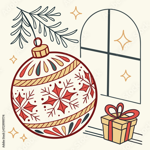 Christmas ornament mockup near window with gift box illustration