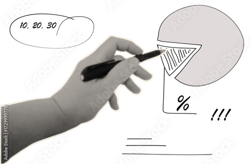 A hand shows a circular financial chart. A document with infographic and performance analysis. A business project dashboard or report, strategy. Paper cutouts for a collage. Halftone style, vector.