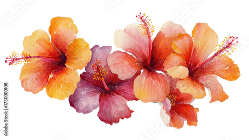 Watercolor hibiscus flower with pink petals, tropical blossom, artistic floral painting, exotic botanical illustration artwork isolated on white background