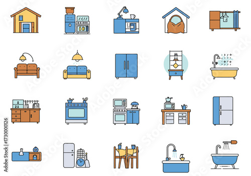 Vector art of a vibrant collection of home interior icons, showcasing essential elements like furniture, appliances, and decorative items, all rendered in a clean, modern style