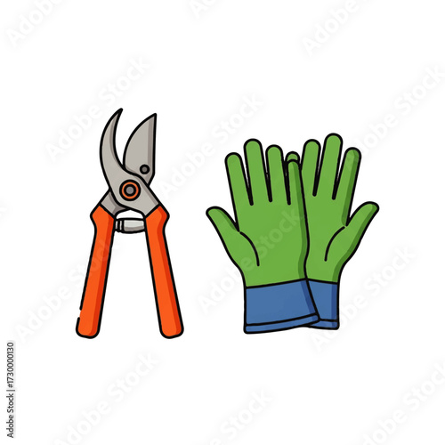 Gardening tools pruning shears and green gloves for plant care and outdoor maintenance, essential equipment for a healthy garden