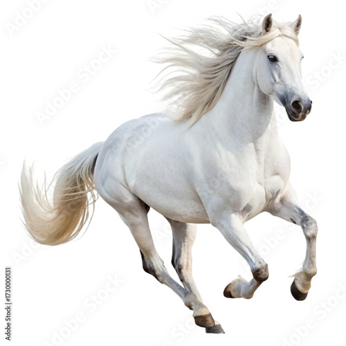 horse isolated on white background, A magnificent white horse galloping freely on a white background in a dynamic composition