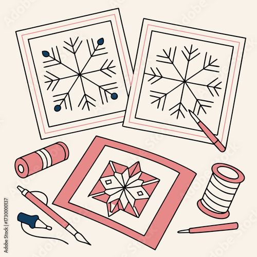 Handmade snowflake craft mockup with drawing tools and art supplies, creating a winter-themed artwork