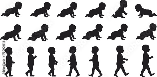 Baby crawling walking silhouette sequence, infant to toddler growth stages, child development evolution, vector illustration of milestone process, isolated artwork