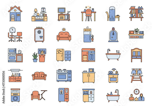 Vector art of a vibrant collection of home interior icons, showcasing essential elements like furniture, appliances, and decorative items, all rendered in a clean, modern style