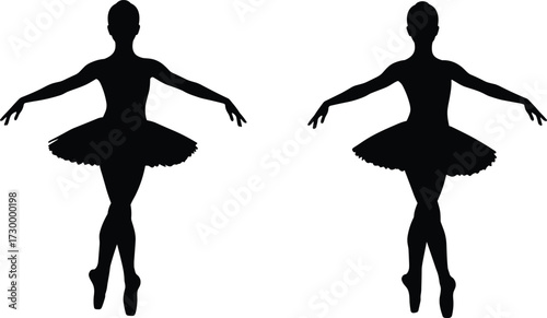 Ballet dancers silhouette, elegant ballerina performance pose, classical dance art, graceful tutu costume, symmetry balance, artistic movement, feminine expression, black outline figure, stage 