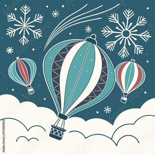 Festive hot air balloon and snowflake illustration, ideal for a Christmas or winter celebration mockup