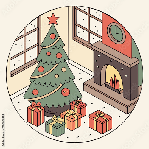 cozy holiday living room christmas tree and fireplace mockup, gammana (687)