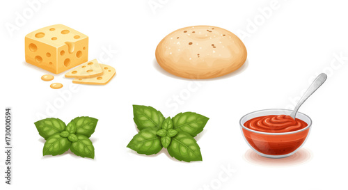 Culinary ingredients illustration, fresh basil leaves, block of cheese, and tomato sauce in a bowl, perfect for food-related designs