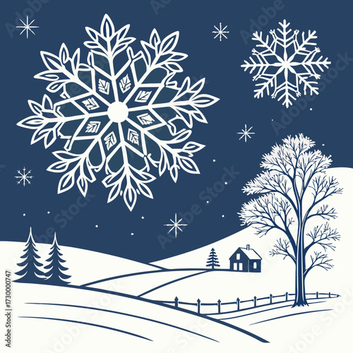 Vector illustration mockup of a snowy winter landscape with snowflakes and a house, perfect for holiday designs and seasonal greetings