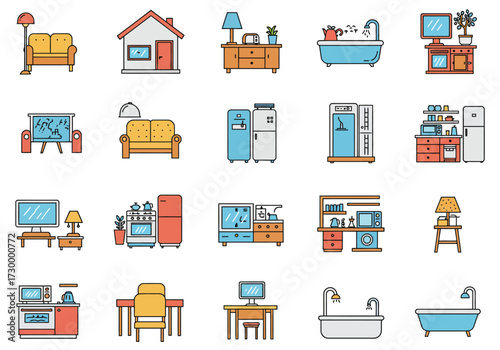 Vector art of a vibrant collection of home interior icons, showcasing essential elements like furniture, appliances, and decorative items, all rendered in a clean, modern style