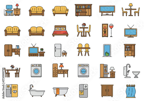 Vector art of a vibrant collection of home interior icons, showcasing essential elements like furniture, appliances, and decorative items, all rendered in a clean, modern style