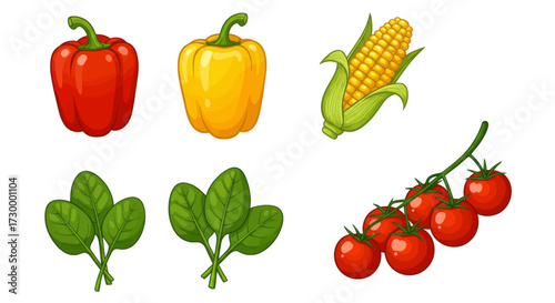 Fresh Vegetables Vector Icons - Red Bell Pepper, Yellow Bell Pepper, Corn, Spinach, and Cherry Tomatoes