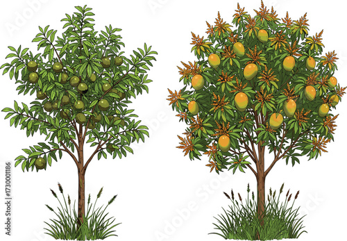 Fruit trees with green and orange fruits side by side, showing seasonal ripeness, vibrant foliage, flowers, and grassy ground detail