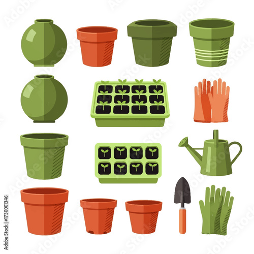 Gardening supplies including pots, watering can, trowel, and gloves for planting seeds and seedlings