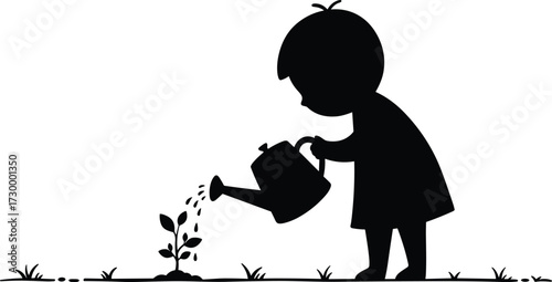 Child watering plant silhouette, kids gardening illustration, save nature concept, environmental care, growth, sustainability, eco friendly lifestyle, outdoor education, greenery