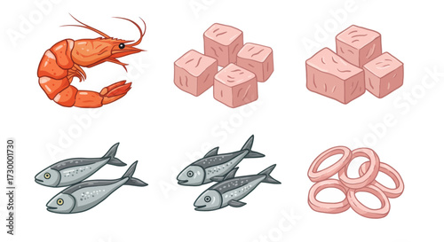 Collection of seafood ingredients including shrimp, cubes of fish, and squid rings