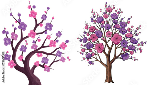 Spring blossom tree illustration, pink floral artwork, blooming nature design, decorative seasonal background, vibrant botanical art, colorful garden landscape, floral pattern
