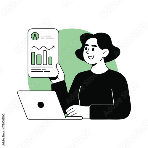 Vector art of a woman is working on a laptop and holding a document with a graph she is smiling and wearing a black shirt