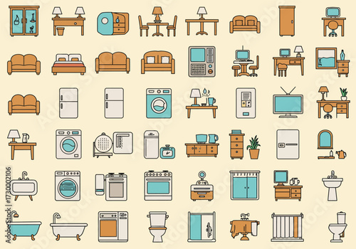 Vector art of a vibrant collection of home interior icons, showcasing essential elements like furniture, appliances, and decorative items, all rendered in a clean, modern style