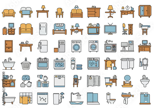 Vector art of a vibrant collection of home interior icons, showcasing essential elements like furniture, appliances, and decorative items, all rendered in a clean, modern style
