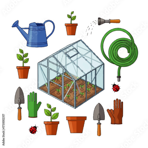 Greenhouse gardening tools and supplies for cultivating plants and growing vegetables with watering can, hose, gloves and trowel, illustration