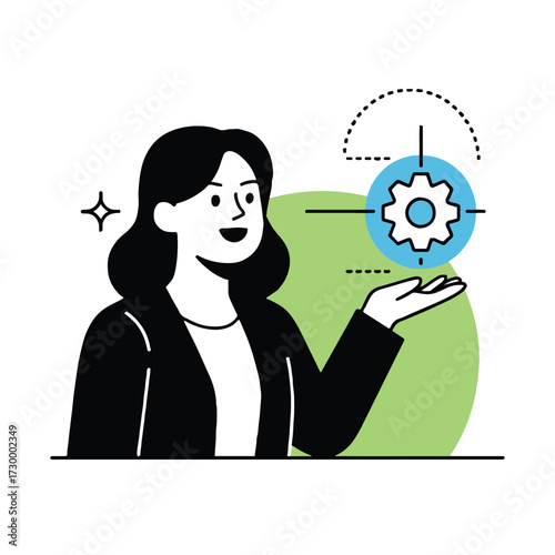 Vector art of a woman is holding a gear in her hand and looking at it she is smiling and wearing a suit, which is a symbol of business