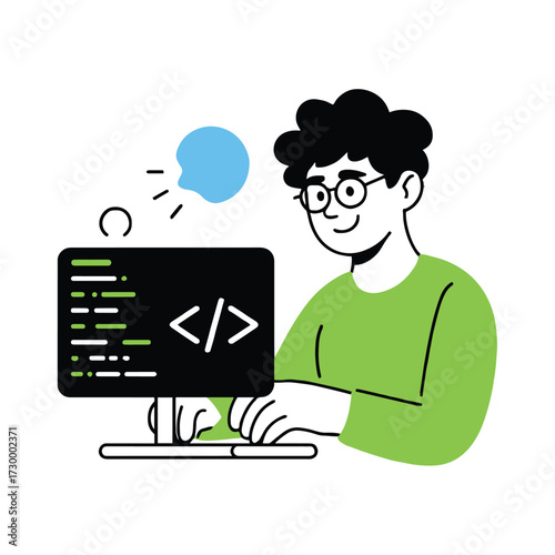 Vector art of a man is working on a computer and coding he is wearing glasses and a green shirt, which is a symbol of technology