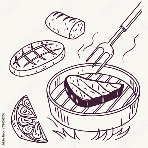 Barbecue, pieces of meat on fork food meat. Hand drawn steak BBQ sketch vector illustration