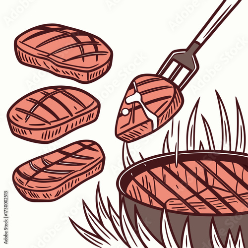 Barbecue, pieces of meat on fork food meat. Hand drawn steak BBQ sketch vector illustration