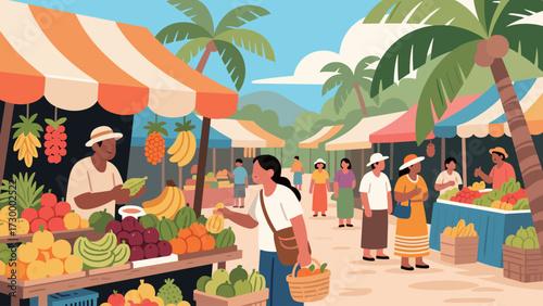 Tropical Market Scene Stalls, Fruits, and People Amidst Palm Trees