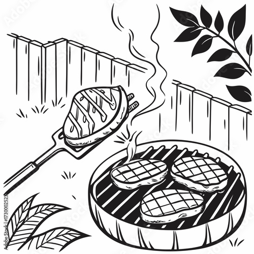 Barbecue, pieces of meat on fork food meat. Hand drawn steak BBQ sketch vector illustration