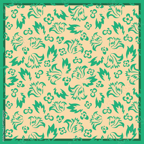 Print for kerchief, bandana, scarf, handkerchief, shawl, neck scarf. Squared pattern with ornament for fabric, textile, silk products. Paisley vector with abstract flowers. Floral folk tracery.