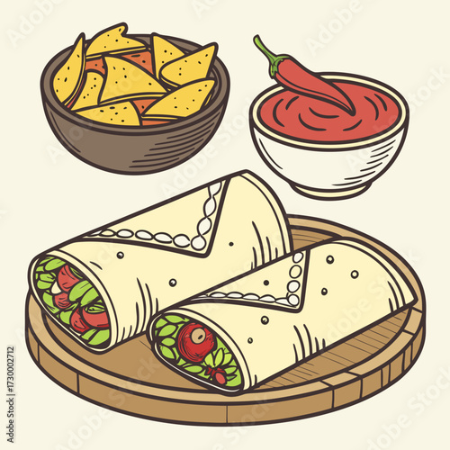 Mexican traditional food set burrito, tacos, chili, tomato, nachos. Engraving