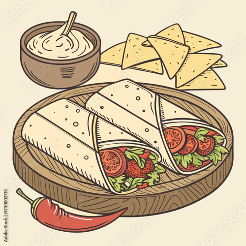 Mexican traditional food set burrito, tacos, chili, tomato, nachos. Engraving
