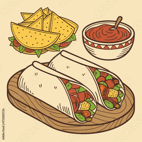Mexican traditional food set burrito, tacos, chili, tomato, nachos. Engraving