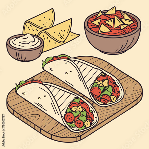 Mexican traditional food set burrito, tacos, chili, tomato, nachos. Engraving