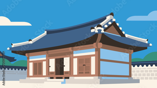 Korean Traditional House Illustration with Blue Roof and Sky